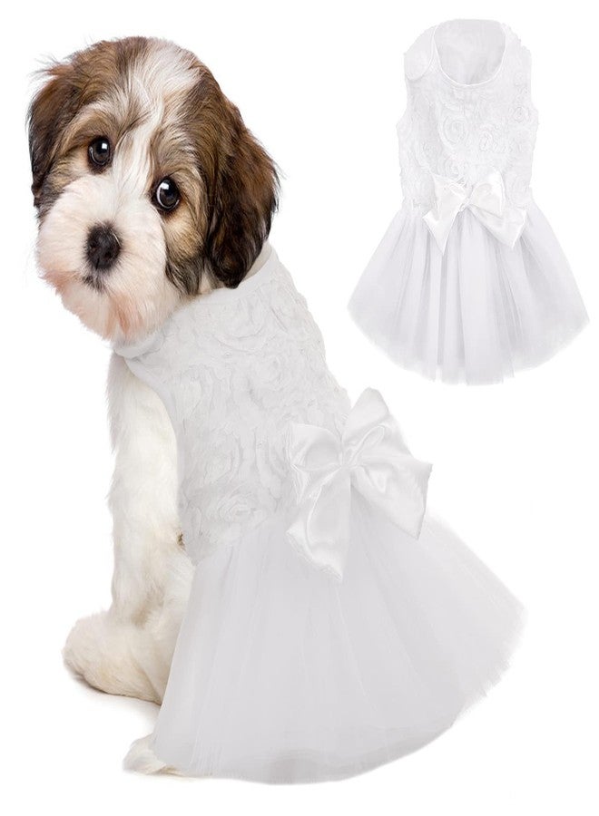 IDOMIK Dog Wedding Dress Puppy Bowknot Princess Skirt, Pet Bride Pure White Lace Tutu Formal Dress Flower Bubble Skirt Tulle Ruffle Sundress Vest Shirts,Birthday Party Costume for Small Dog Apparel XS - Image 1